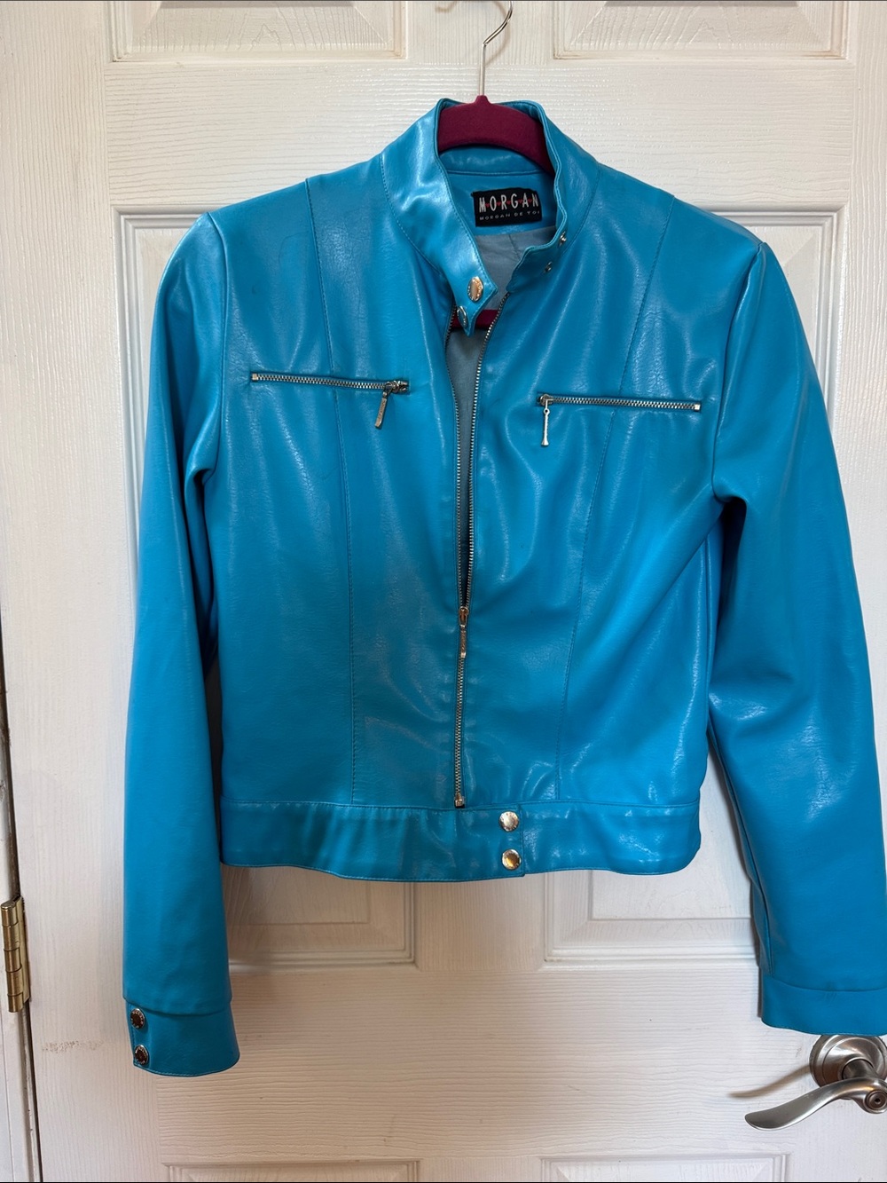 Morgan de Toi Turquoise Zip-Front Vegan Leather Jacket please see photo for mark